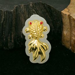 Fashion 24k Gold Jade Inlay Goldfish Necklace Charm Pendant Fine Jewellery for Women Men Gifts