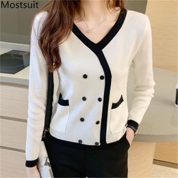 V-neck Double-breasted Knitted Pullover Sweater Women Spring Full Sleeve Pockets Color-blocked Vintage Elegant Jumpers 210513