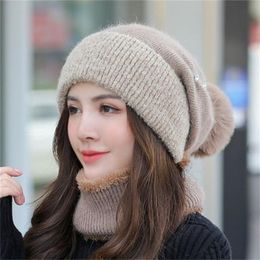 Beanie/Skull Caps 2021 Winter Fur Blend Knitted Hat Scarf 2Pcs Set For Women Skullies Beanies Warm Thick Ears Outdoor Cap