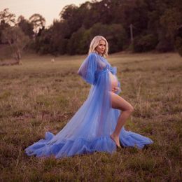 Sexy See Thru Blue Tulle Maternity Dresses Full Sleeves Cute Bow Long Gown For Poshoot Bridal Night Gowns Casual