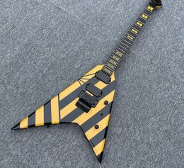 Rare Parallaxe V2FR Michael Sweet Flying V Yellow Stripe Electric Guitar Floyd Rose Tremolo Bridge, Black Hardware, 777 Back Cover