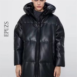 Winter coat Hooded Padded PU parka women Faux leather down jacket female loose zipper overcoat casual warm long coats 210918
