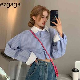 Ezgaga Chic Striped Blouse Women Lapel Contrast Long Sleeve Spring New Retro Korean Fashion Loose Shirts Casual Blusas 210430