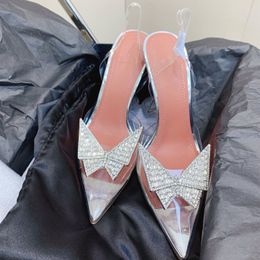 Casual Designer Fashion Women Dress Shoes PVC Clear Transparent Genuine Leather Crystal Strass Pointy Toe Slingback Pumps Zapatos Mujer Come With Box And Dustbag