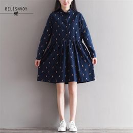 Mori Girl Long Sleeve Casual Loose Dresses Spring Autumn Women Mini Dress Cotton Character Printed Femininos Vestidos 210520