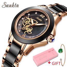 SUNKTA Brand Luxury Women Watches Black Ceramic Diamond Ladies Watch Waterproof Quartz Wristwatch Relogios Femininos Clock Gift 210517