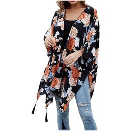 Women's Swimwear Summer Women Floral Kimono Swim Cover-Ups Womens Flowy Cardigan Open Front Dress Printed Chiffon Blouse Loose Tops