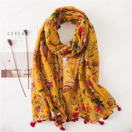 Cotton Floral Printed Yellow Scarf Hijabs Shawls With Tassels Women Fashion Beach Long Shawls Muslim Head Wraps