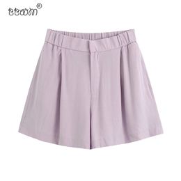 Women Chic Fashion Purple Loose Draped Shorts Vintage High Elastic Waist Zipper Fly Short Pants Casual Pantalones Cortos 210520