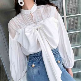 Vintage White Shirt For Women Stand Collar Lantern Sleeve Lace Up Bowknot Ruched Solid Blouse Female Fashion Clothing 210531