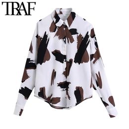 TRAF Women Fashion Graffiti Print Blouse Vintage Long Sleeve Button-up Female Shirts Blusas Chic Tops 210415
