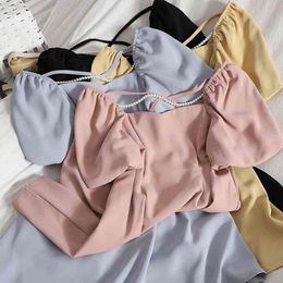 beaded square collar Pure color elegant dress female temperament hip A-line short summer Korean thin 210420