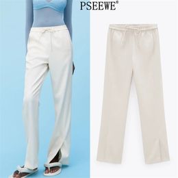 Beige Wide Leg Women Pants High Waist Fashion Split Hem Streetwear Summer Woman Elastic Trousers 210519