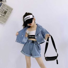 Kids Baby Girls Summer Fashion Clothes Tops Coat Short Sleeve Denim Jacket Belt Shorts Pants Toddler Children Costumes Sets 2pcs