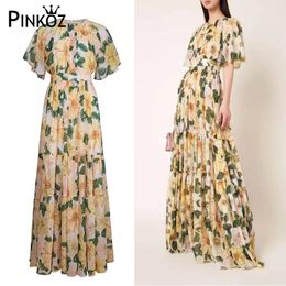 rose flower butterfly sleeve summer Bohemian floral printed maxi dress for women luxury designer robe mujer femme fashion 210421