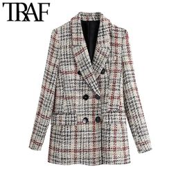 TRAF Women Fashion Double Breasted Tweed Cheque Blazers Coat Vintage Long Sleeve Pockets Female Outerwear Chic Tops 210415
