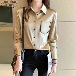 Elegant Silk Shirt Women Chiffon Blouse Korean Ladies Tops Long Sleeve Professional Blouses Fashion Pocket Shirts 12804 210417