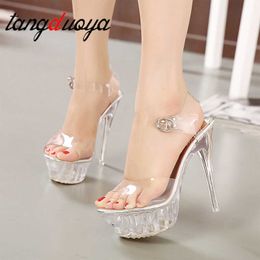 stripper heels Platform Sexy Clear Pvc strip Sandal Holiday Shoe for Women Size 43 High Heel Pump Lady Female pole dance stripes X0526