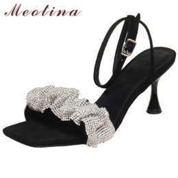 Meotina Genuine Leather Sandals Square Toe Ankle Strap High Heel Sandals Party Glitter Sandals Summer Ladies Footwear Black 210520