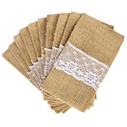 New Design 100Pcs /Lot Burlap Cutlery Holder Vintage Shabby Chic Jute Lace Tableware Pouch Packaging Fork &Knife Pocket Home