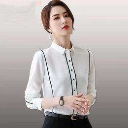 Stripes Chiffon White Shirt Wome Long Sleeve Loose Turn-down Collar Blouses Fashion Formal Business Work Tops Blue 210604