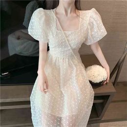 Puff Sleeve Elegant Fairy Long Dress Women Square Collar Bandage Korean Sweet Summer Holdiay Robe Femme 210514