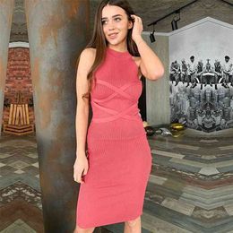 sleeveless knitted pink sweater dress women basic autumn winter lace up bodycon midi vestidos grey 210427