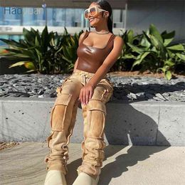 HAOYUAN Sexy Tie Dye Bodycon Cargo Pants Women Sweatpants Streetwear Lace Up High Waist Jogger Hem Bandage Stacked 210915