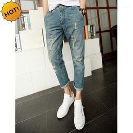 Men's Jeans Wholesale- Style Teenagers Design Slim Cuffed Destressed Moustache Effect Ninth Pants Casual Hole Ripped Light Blue Men Trousers