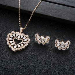 Earrings & Necklace Luxury Charms Heart Earring Set For Women Full Cubic Zircon Wedding Bridal DUBAI Dangle D1591