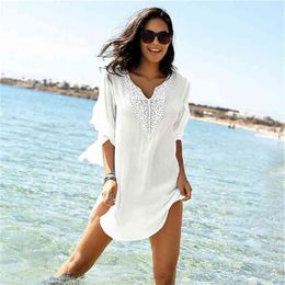 White Beach Cover up Kaftans Sarong Bathing Suit s Pareos Swimsuit Womens Swim Wear Tunic #Q818 210420