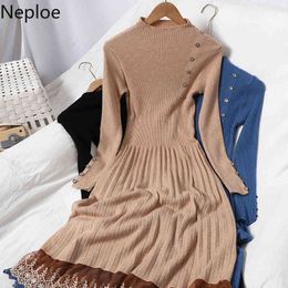 Neploe Chic Single Breasted Knit Dress Women Patchwork Lace Crochet Floral Pleated Vestidos High Waist Slim Robe Maxi Dresses 210422