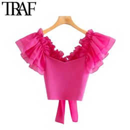 organza blouses women Australia - Women Fashion Organza Sleeve Cropped Knitted Blouses Vintage Back Bow Tied Ruffle Female Shirts Chic Tops 210507