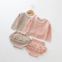 Retail Autumn Baby Girl Clothing Sets Knitted Cotton Long Sleeve Sweater Shorts Outfits Kids Clothes 0-2Y YL001 210610