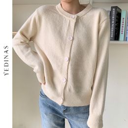 Yedinas Purple Cardigan Sweater Korean Long Sleeve O Neck Female s Soft Knitted Crop Women Autumn Winter 210527