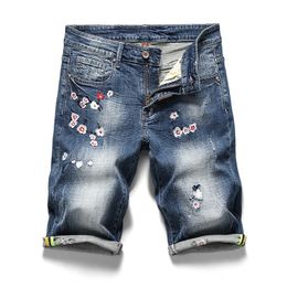 Mens Embroidery Applique Flower Short Jeans Brand Clothing Bermuda Summer 98% Cotton Shorts Breathable Retro Male Denim Shorts 210518