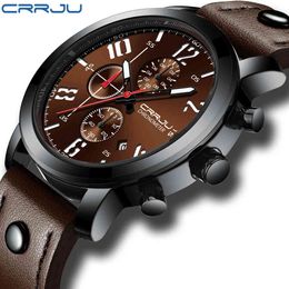 CRRJU Men's Fashion Sport 3-sub Dial Waterproof chronograph Watch Calendar Luminous Leather Strap WristWatches for Man Feminino 210517