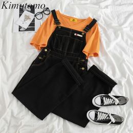 Kimutomo Vintage Fashion Women's Loose Denim Pants Overalls Ladies Bright Line Jeans Trousers Jumpsuit Black Drop 210521