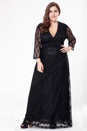 Women's Large size Europe and America V-neck evening dress long skirt black openwork seven-point sleeves lace dress