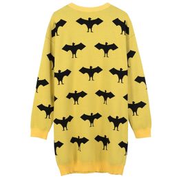 Women Stand Neck Knitted Pullovers Long Sleeve Knee Length Yellow Bird Loose Straight Winter Dress M0770 210514