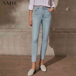 Amii Minimalism Spring Causal Women's Jeans Offical Lady High Waist Slim Fit Ankel-length Light Blue Female Pants 12140167 210809