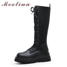Genuine Leather Women Boots High Heel Mid Calf Platform Chunky Shoes Lace Up Female Autumn Winter Black 210517