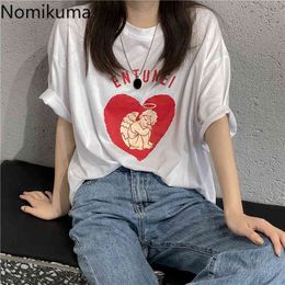 Nomikuma Angel Print Short Sleeve T-shirt Women Summer Korean Style Loose All-match Tshirts High Street Basic Tops 210514