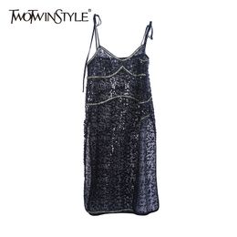 TWOTWINSTYLE Asymmetrical Sequin Dress For Women Square Collar Sleeveless High Waist Split Sexy Dresses Female Fashion 210517