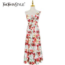 Casual Print Asymmetrical Sling Dress For Women Square Collar Sleeveless High Waist Midi Dresses Female Summer 210520