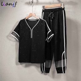 Summer Striped Lace Mesh Sleeve T-shirts+pants Casual Western Style Loose And Thin Stitching Two-piece Woman Suit 220315