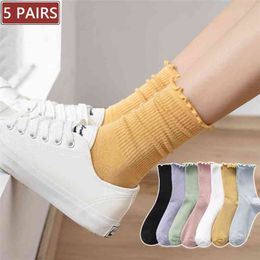 5 Pair Happy Ruffle Frilly Socks Black White Cute Autumn Winter Trendy Socks Solid color Soft Cotton Girl Socks 210720