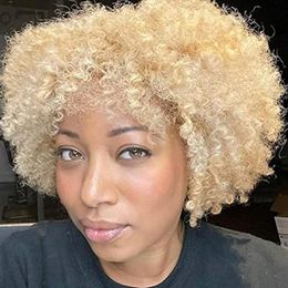 Honey Blond Kinky Curly Human Hair Wigs With Bangs Full Machine Made Wig Virgin # 613 Short Coloured Non lace Wigs 130%density