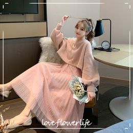 Spring Winter O Neck Sweaters And Spaghetti Strap Dress Set Female Dress Sweet Two Pieces Suit Women Knitted Sweater 210521