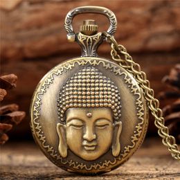 Antique 3D Buddha Design Men Women Quartz Analog Pocket Watch with Arabic Numeral Display Necklace Chain Gift